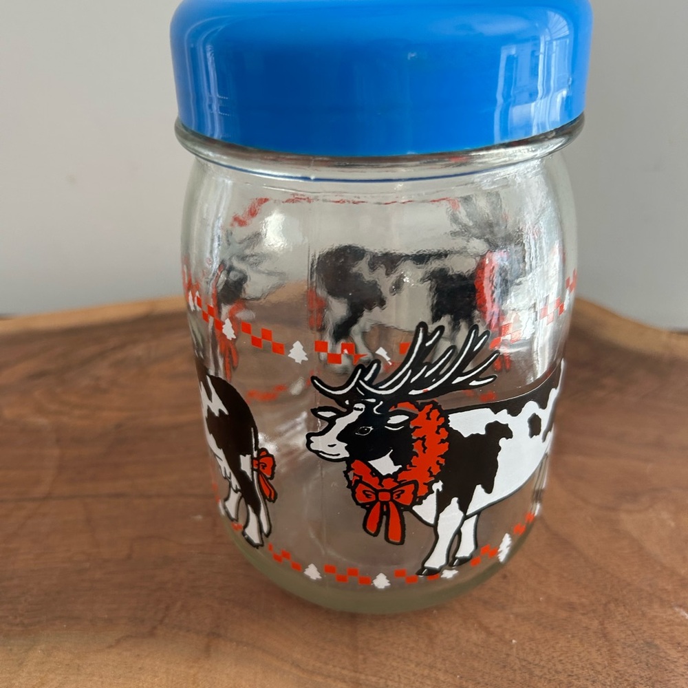 Vintage Christmas Glass Canistet Jar with blue lid COW with antlers wreath